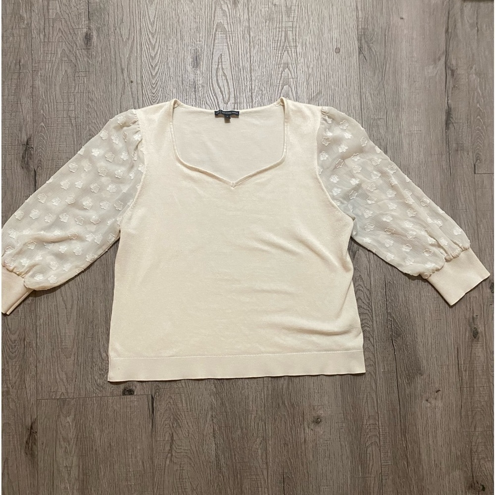 Adrianna Papell Ivory Blouse with 3/4 Sheer Balloon Sleeves, Large